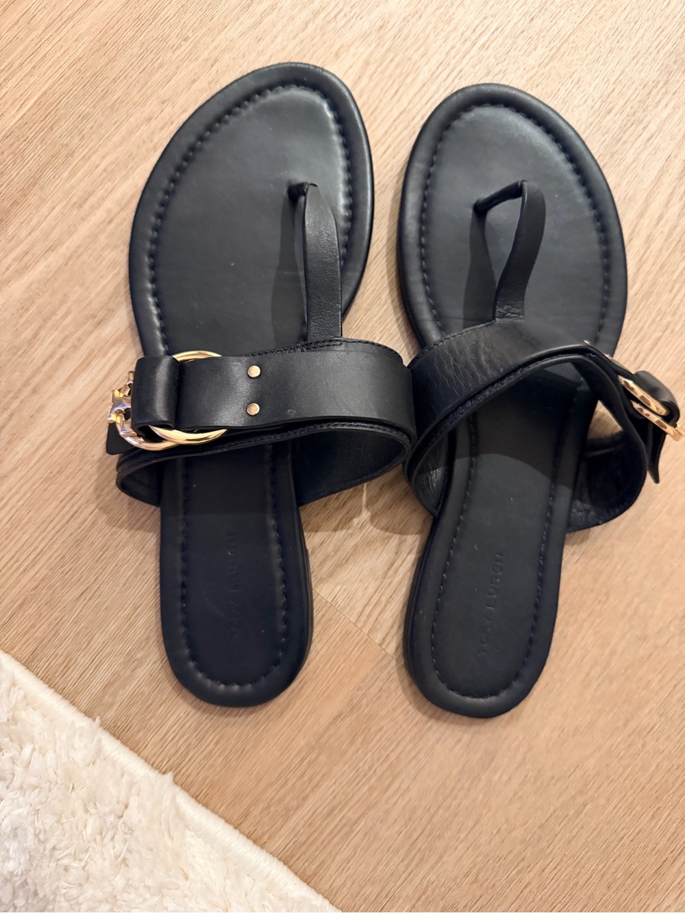 Tory Burch Black Leather Toe-Loop Sandals with Gold Buckle